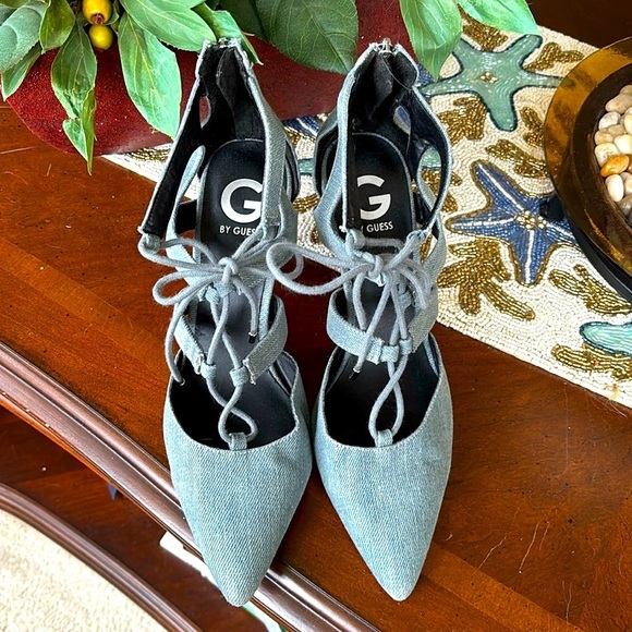 G By Guess Blue Denim Jean Lace Up Heels Y2K Strappy Back Zipper Closure - Picture 4 of 14